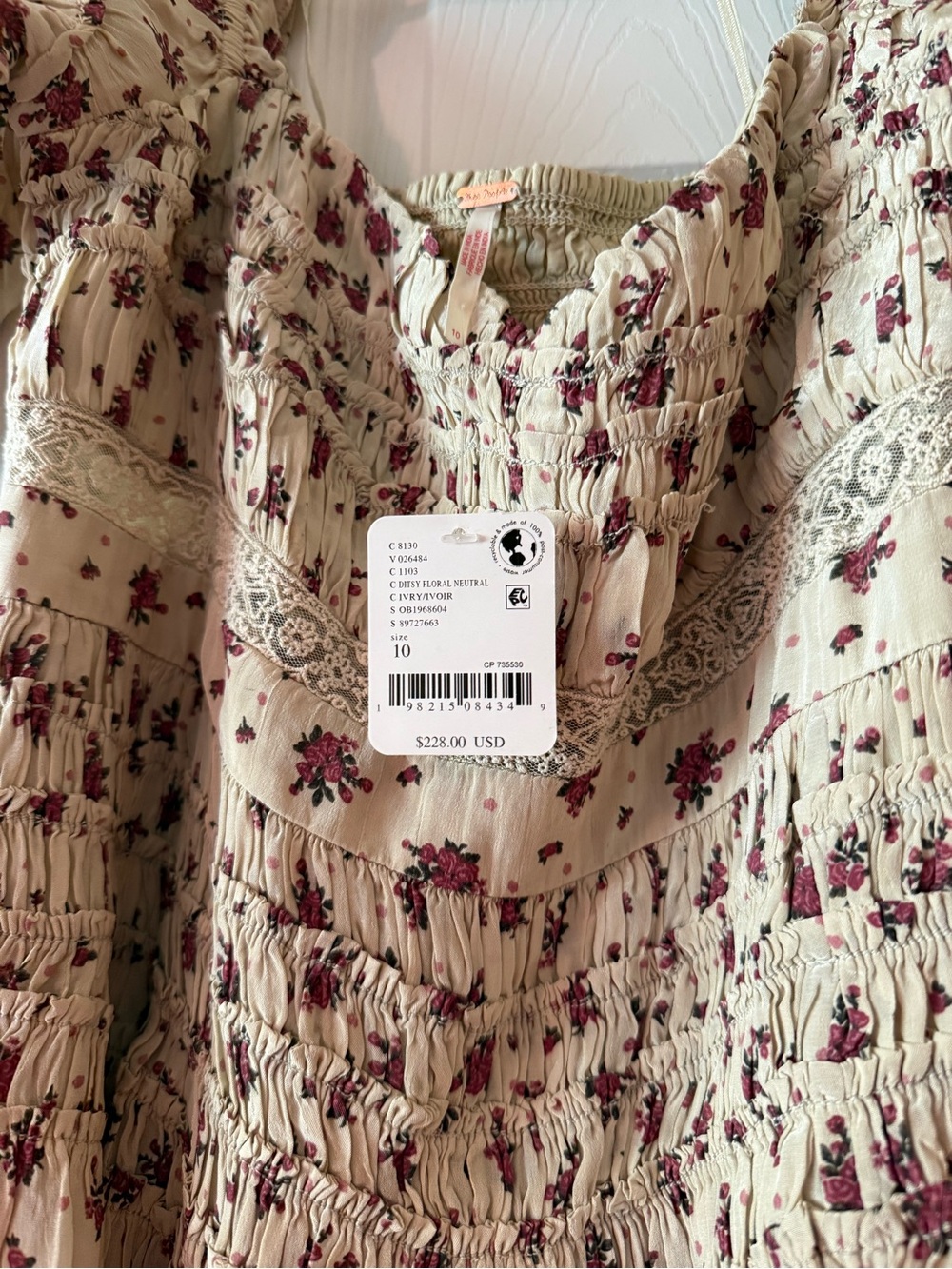 Free People Cream Midi Dress with Burgundy Floral Print - Picture 2 of 2